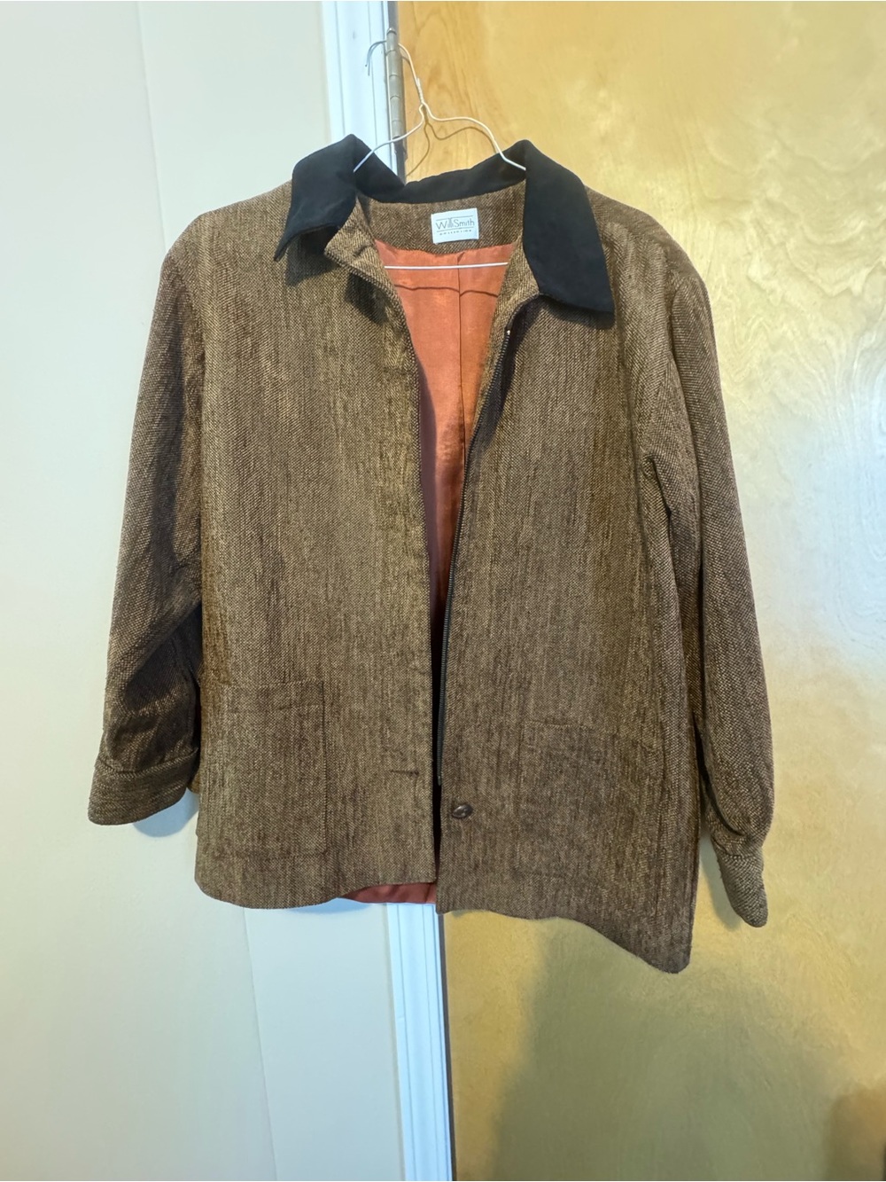 Willi Smith Brown Herringbone Coat with Black Collar